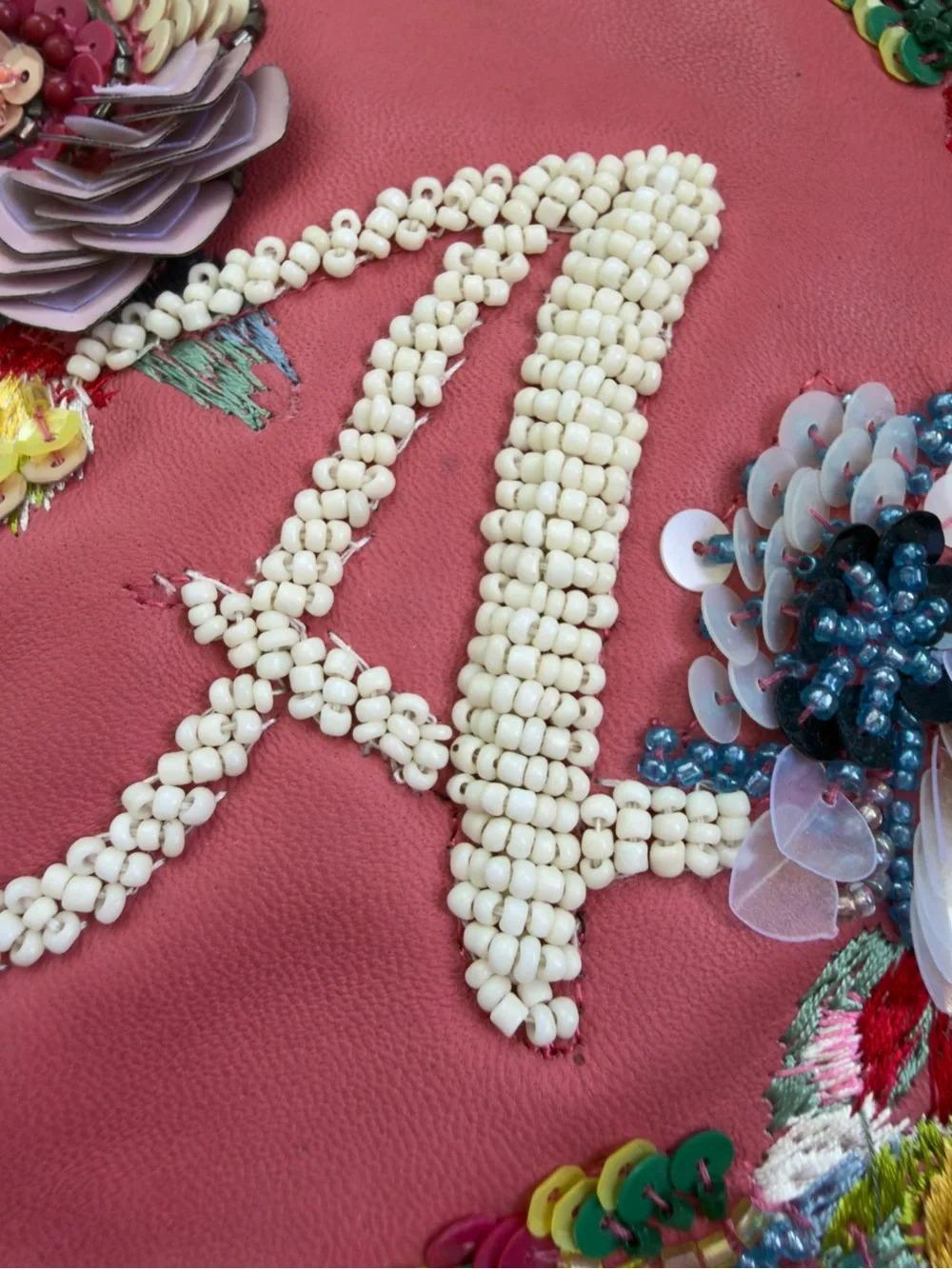 Anthropologie Pink Beaded Floral 'A' Round leather Pouch